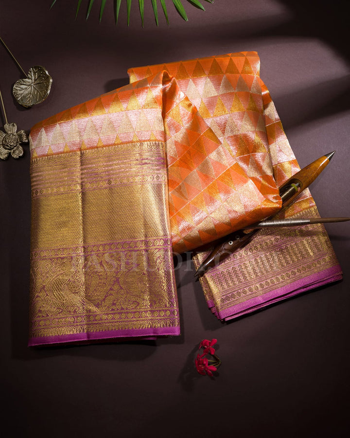 Mild Orange With Pastel Lavender Shimmer Tissue Kanjivaram Silk Saree-SP378