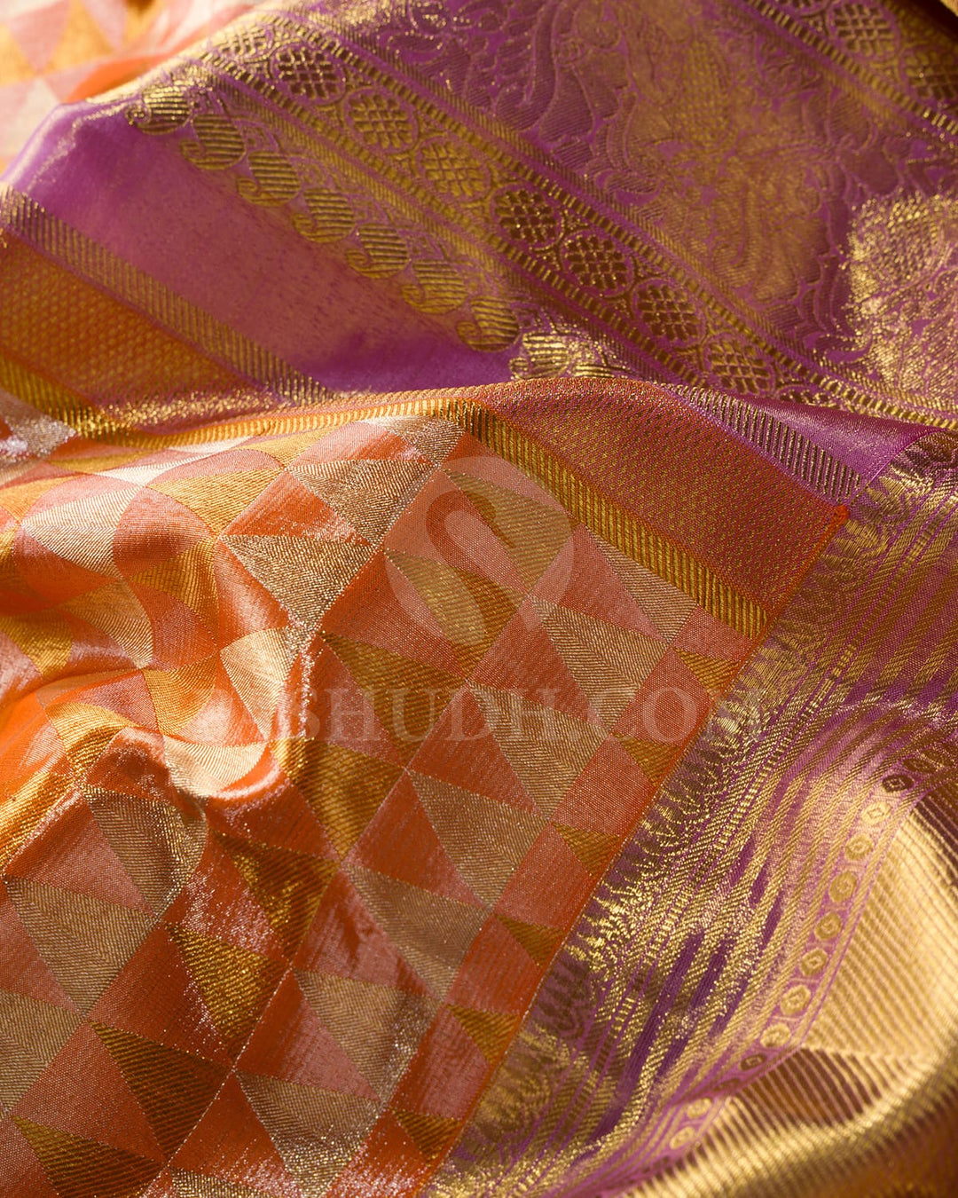 Mild Orange With Pastel Lavender Shimmer Tissue Kanjivaram Silk Saree-SP378
