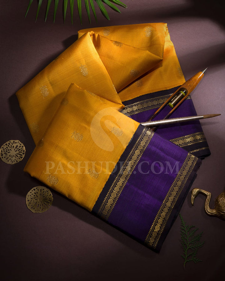 Mustard Yellow And Navy Blue Pure Zari Kanjivaram Silk Saree-SP373