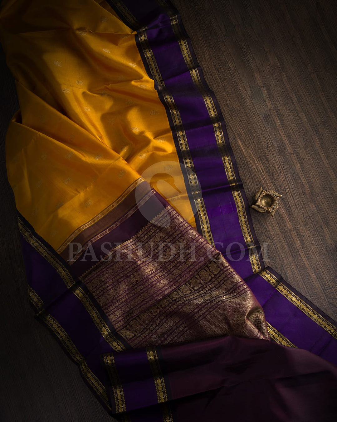 Mustard Yellow And Navy Blue Pure Zari Kanjivaram Silk Saree-SP373
