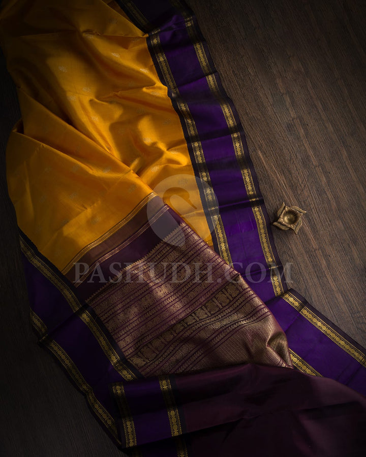 Mustard Yellow And Navy Blue Pure Zari Kanjivaram Silk Saree-SP373