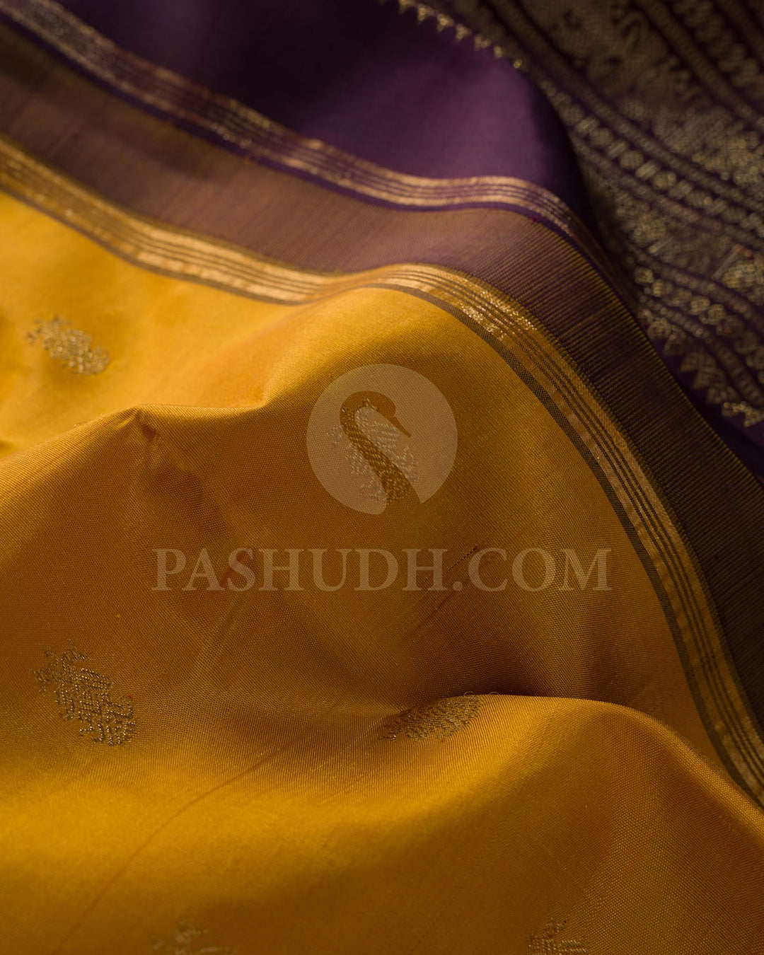 Mustard Yellow And Navy Blue Pure Zari Kanjivaram Silk Saree-SP373