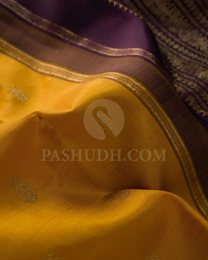 Mustard Yellow And Navy Blue Pure Zari Kanjivaram Silk Saree-SP373
