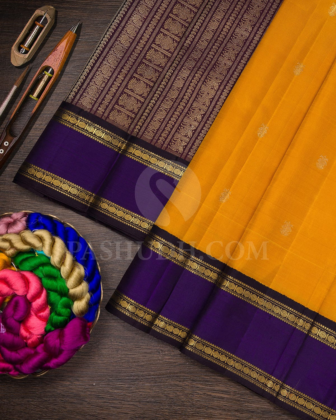 Mustard Yellow And Navy Blue Pure Zari Kanjivaram Silk Saree-SP373
