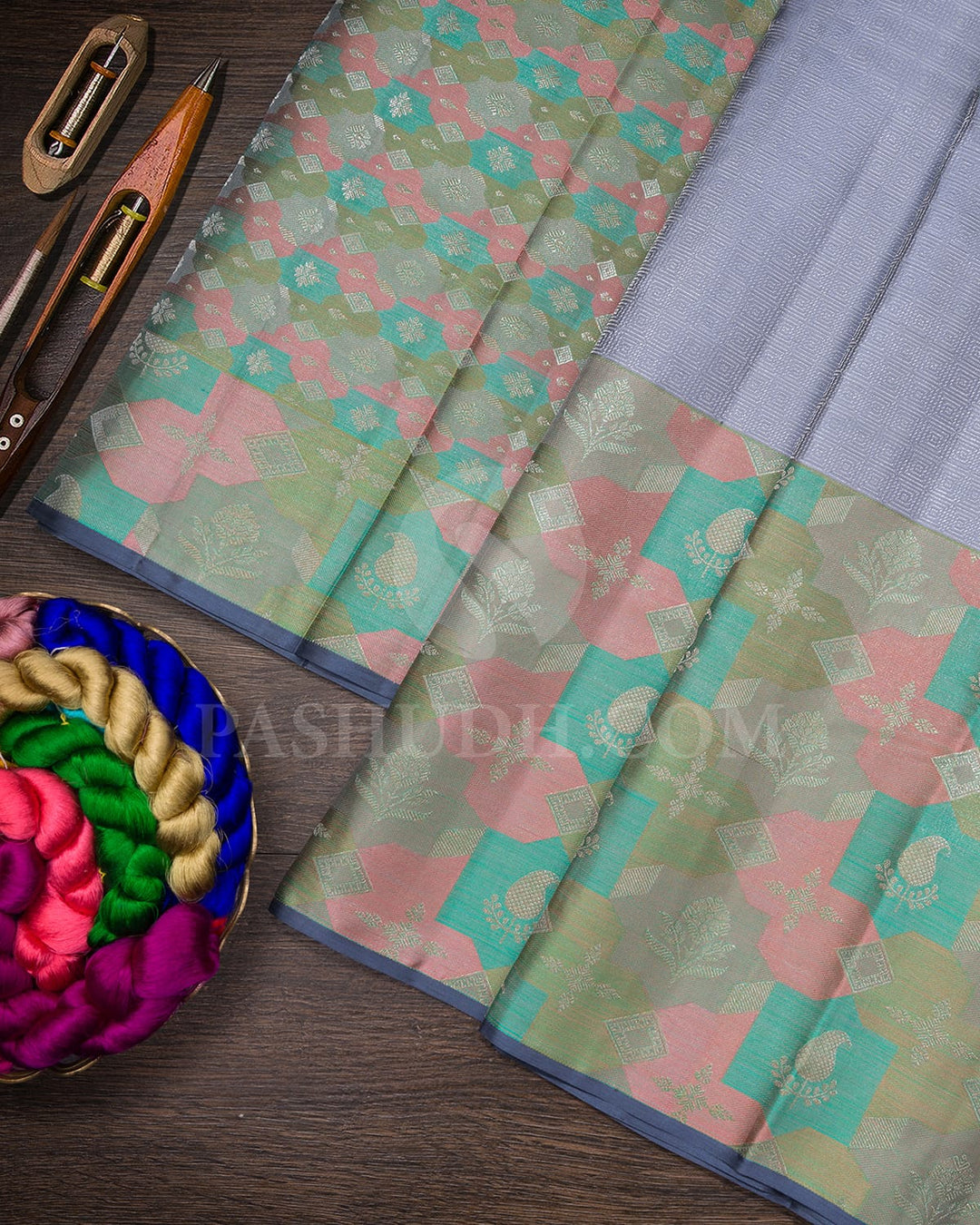 Grey With Multihued Kanjivaram Silk Saree-DJ424(B)