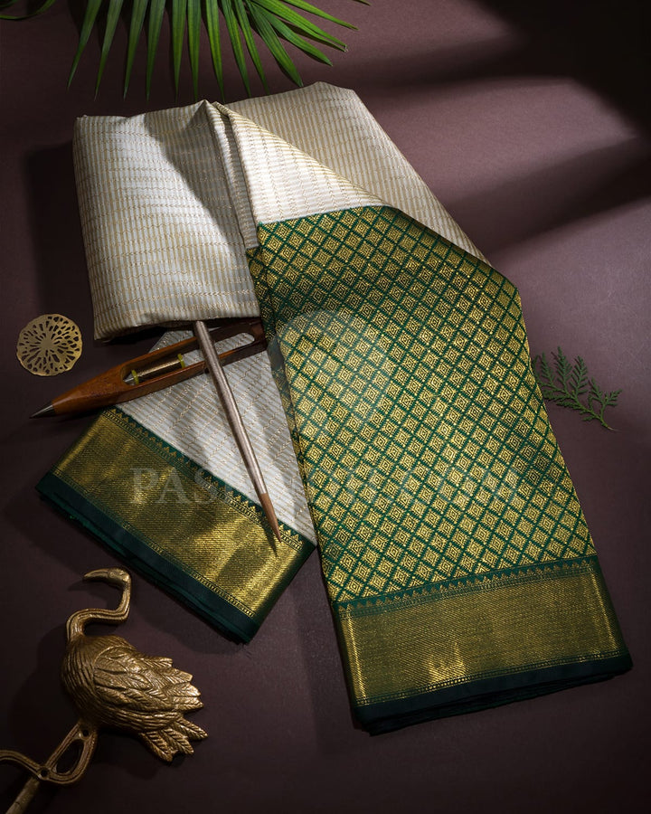 White Beige With Bottle Green Bridal Kanjivaram Silk Saree-S1624(A)