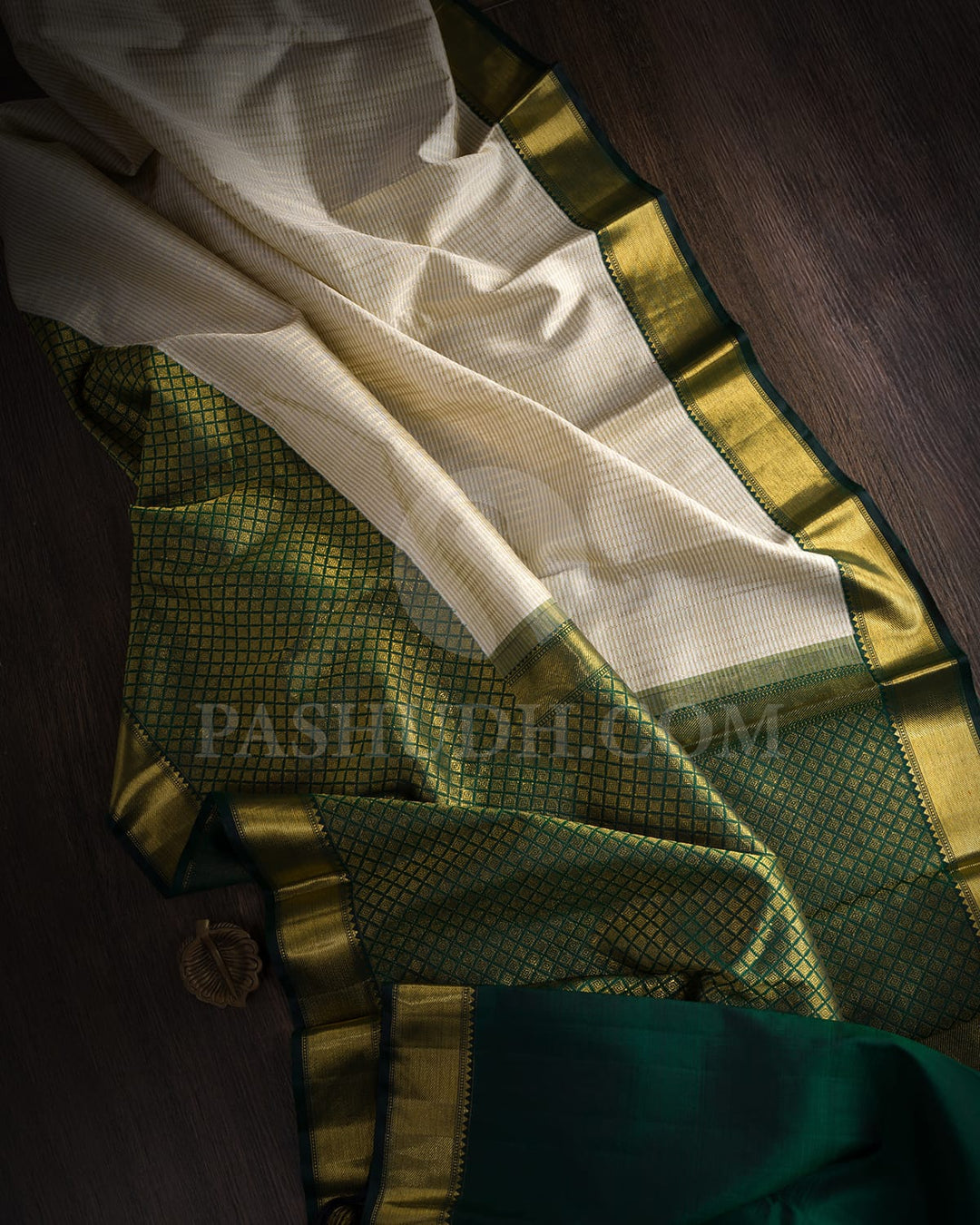 White Beige With Bottle Green Bridal Kanjivaram Silk Saree-S1624(A)