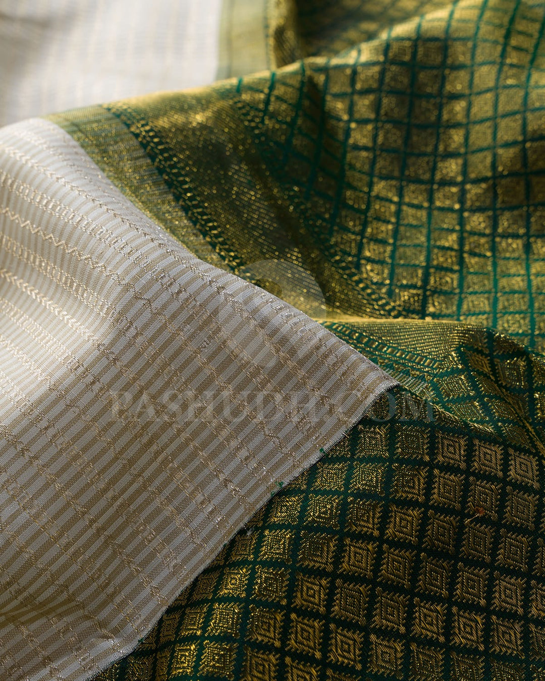 White Beige With Bottle Green Bridal Kanjivaram Silk Saree-S1624(A)