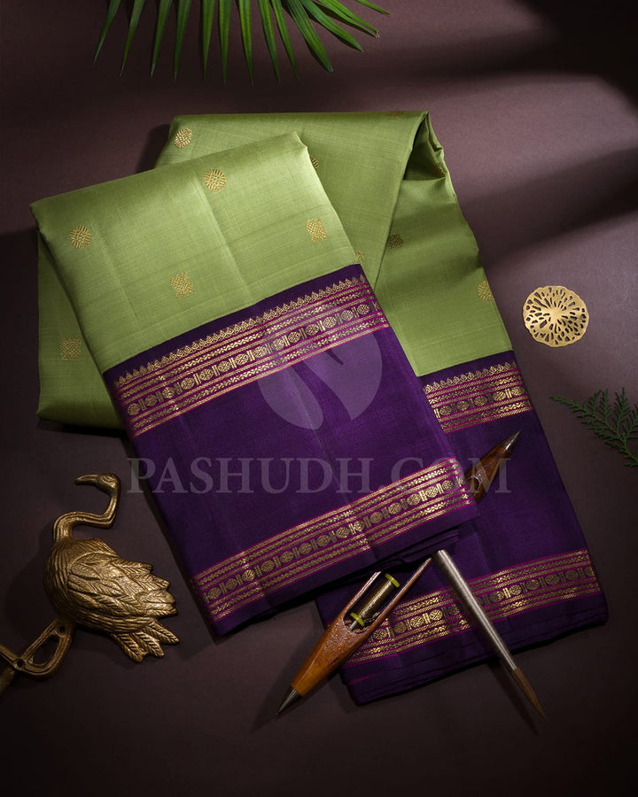Light Green With Purple Pure Zari Kanjivaram Silk Saree-SP374