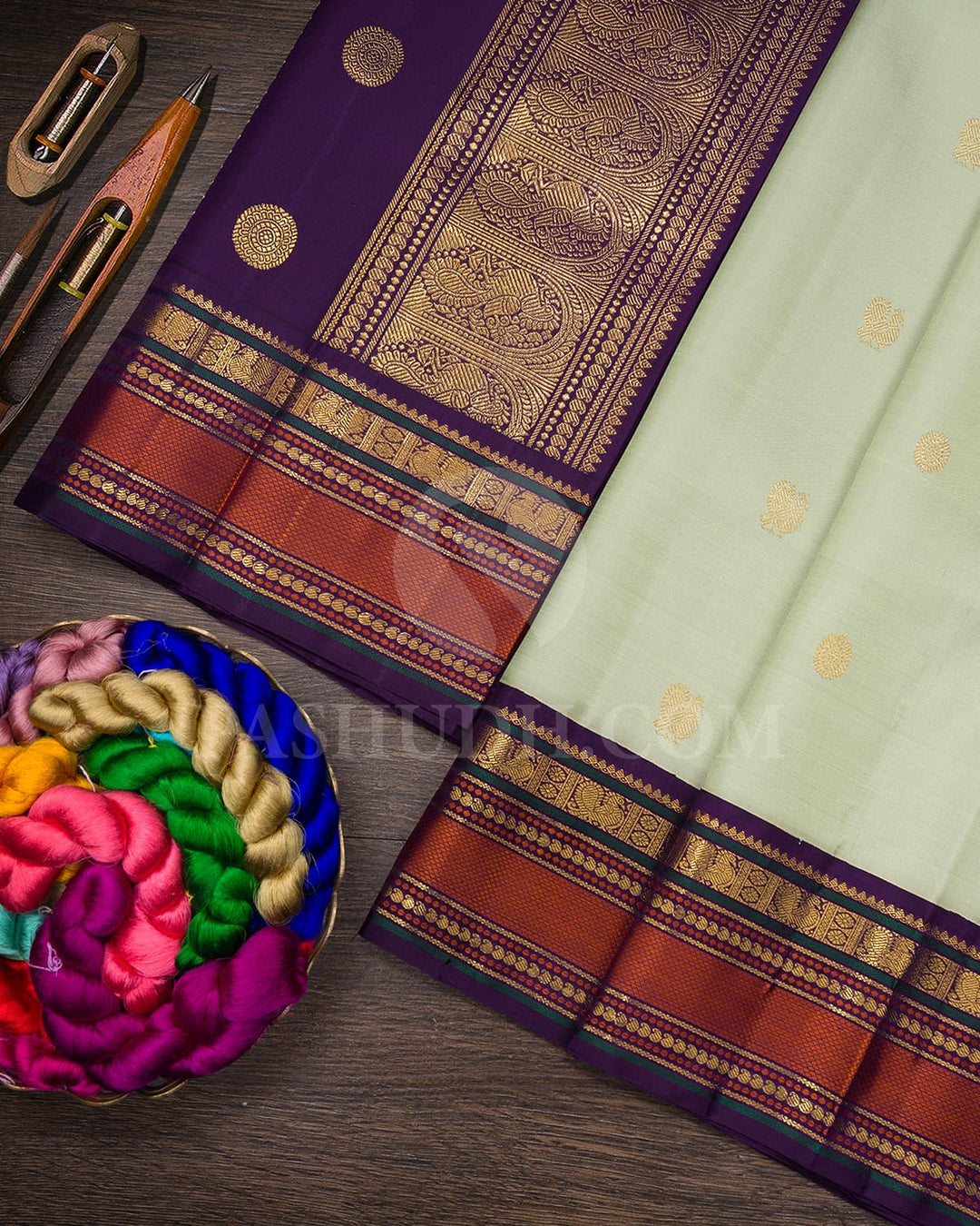 Pista Green With Purple Pure Zari Kanjivaram Silk Saree-SP372