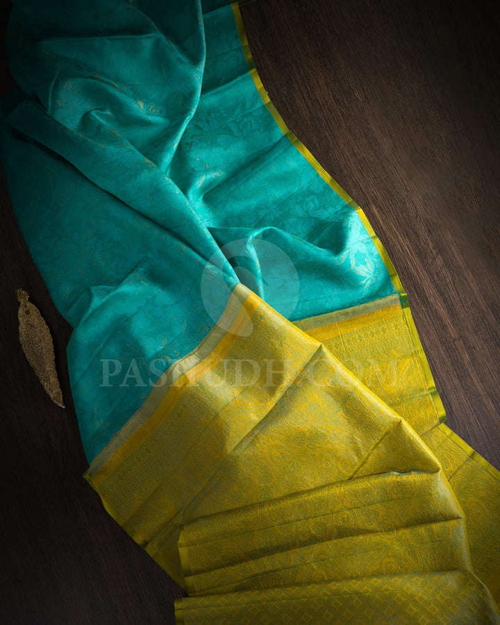 Turquoise With Golden Yellow Kanjivaram Silk Saree-DJ422(A)