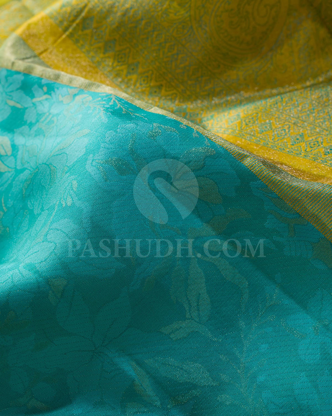 Turquoise With Golden Yellow Kanjivaram Silk Saree-DJ422(A)