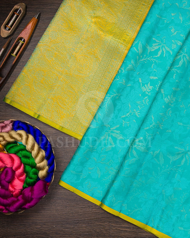 Turquoise With Golden Yellow Kanjivaram Silk Saree-DJ422(A)