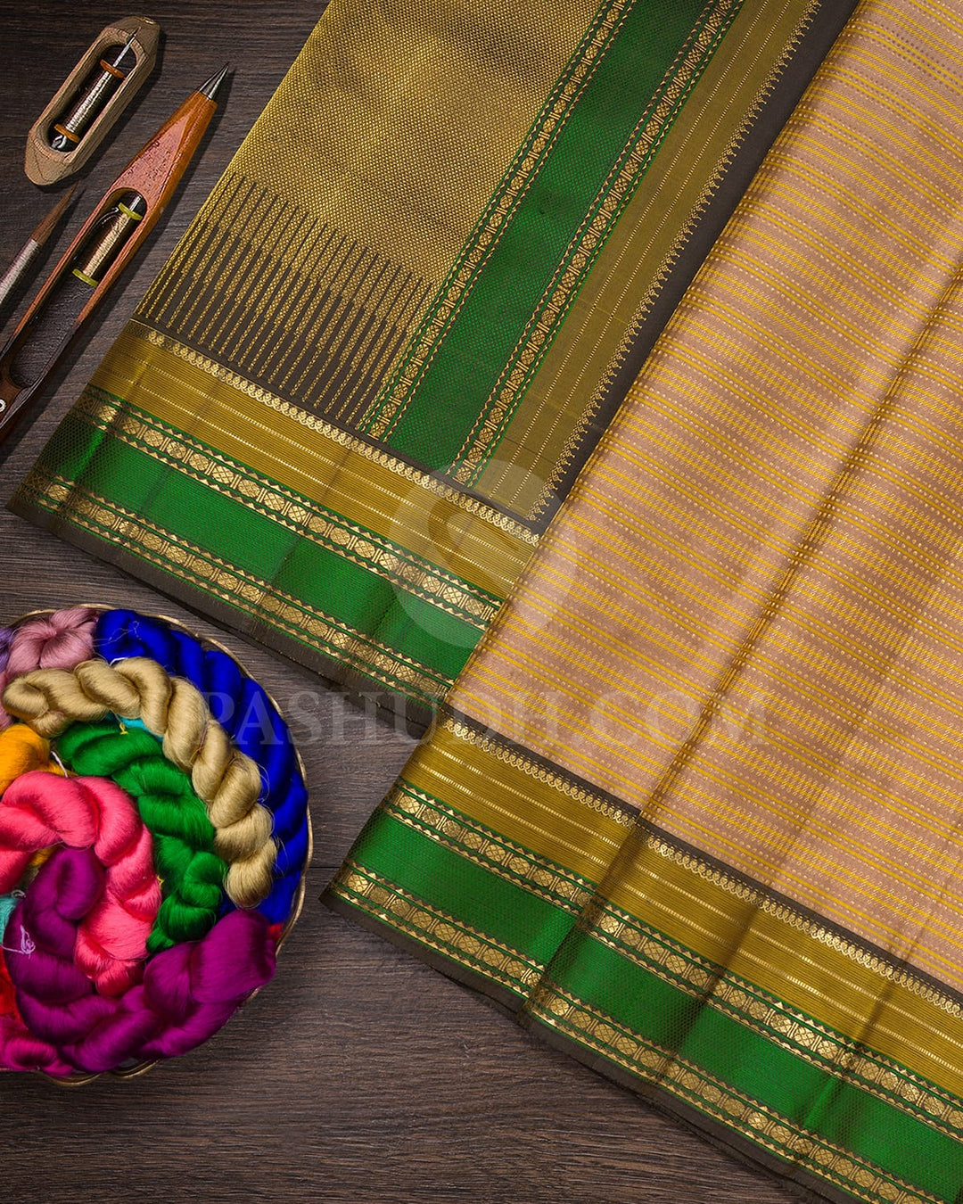 Beige With Brown Kanjivaram Silk Saree-DJ381(E)