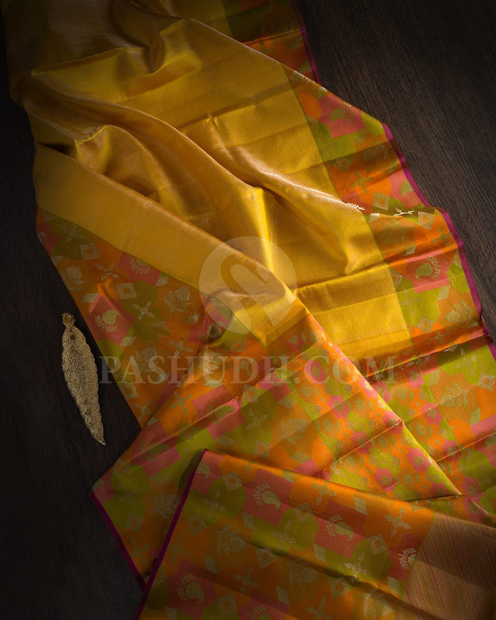 Yellow With Multicolor Kanjivaram Silk Saree-DJ424(A)
