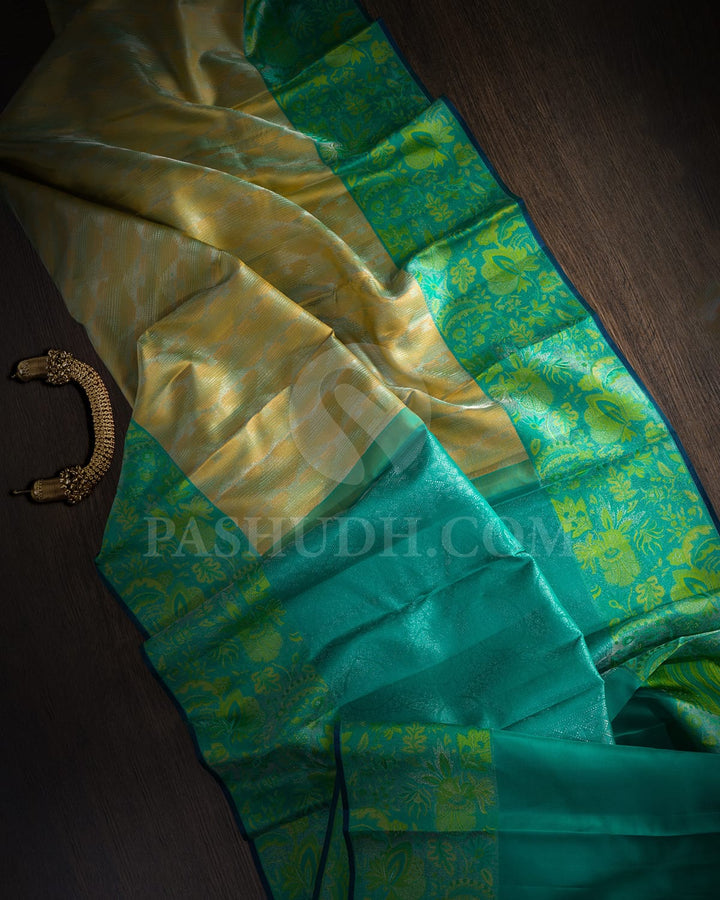 Sage Green With Turquoise Blue Kanjivaram Silk Saree-DJ416(A)