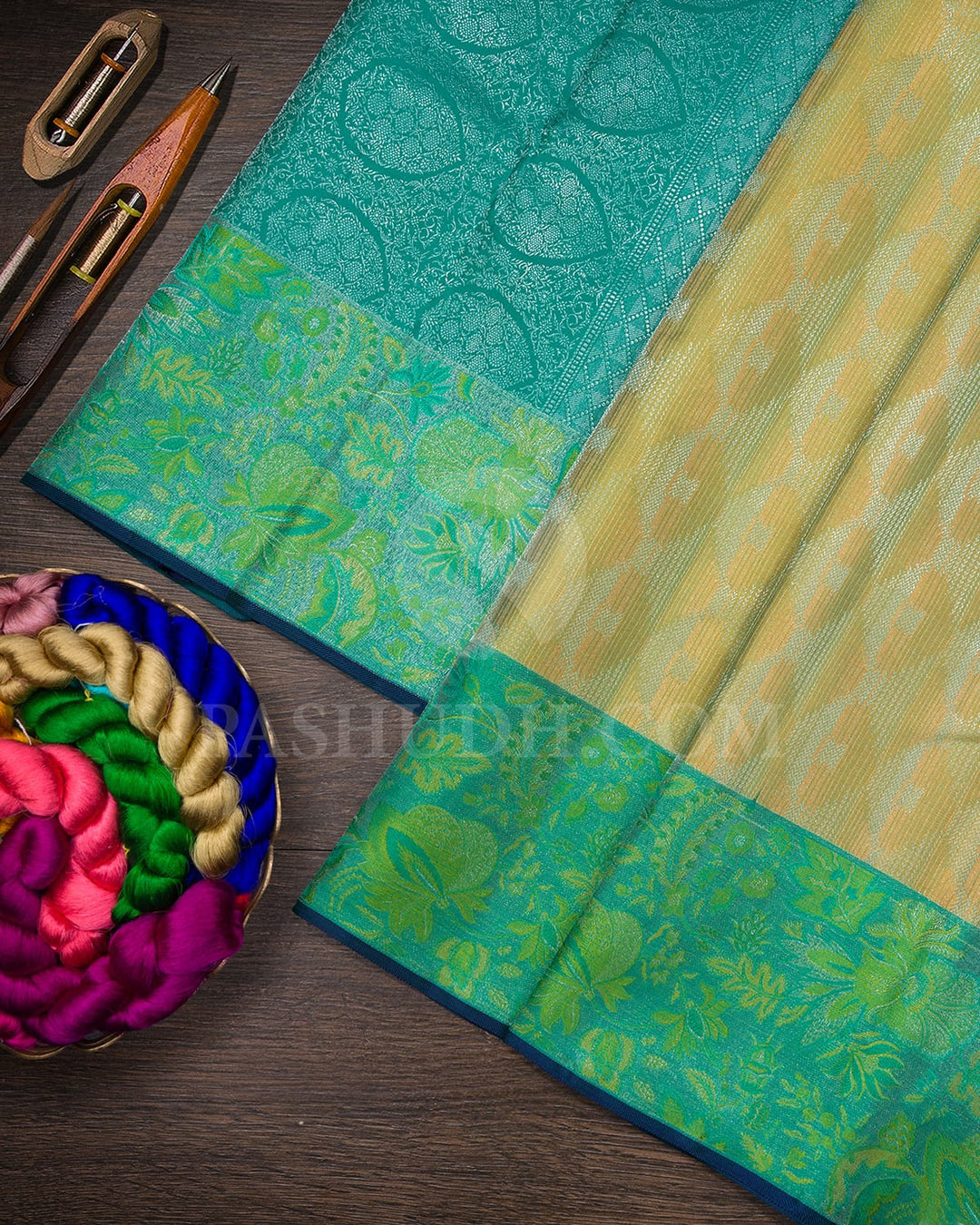 Sage Green With Turquoise Blue Kanjivaram Silk Saree-DJ416(A)
