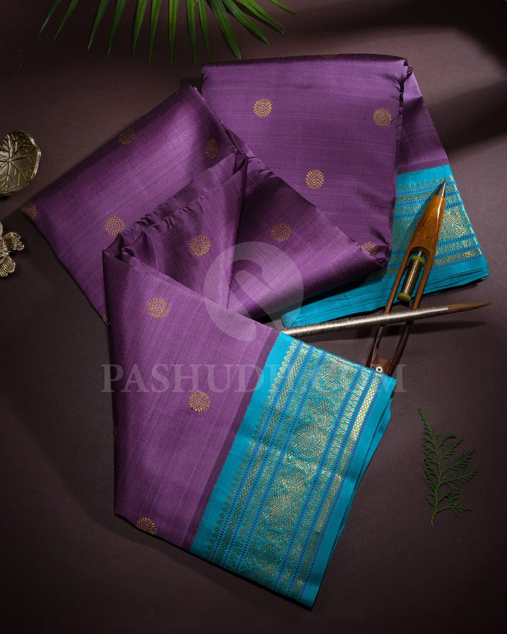 Lavender With Turquoise Blue Pure Zari Kanjivaram Silk Saree-SP371