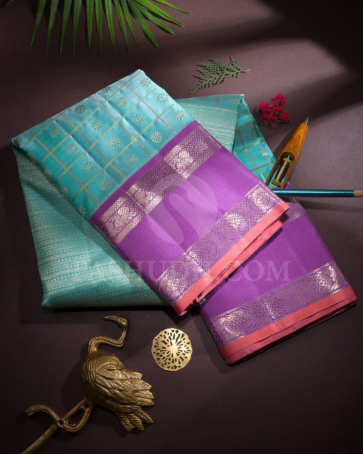 Pastel Sky Blue With Lavender Kanjivaram Silk Saree-S1575(D)