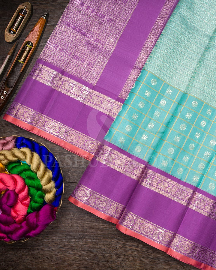 Pastel Sky Blue With Lavender Kanjivaram Silk Saree-S1575(D)