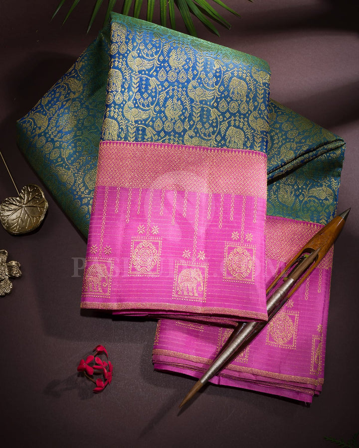 Dual Shaded Blue Green With Rose Pink Kanjivaram Silk Saree-SP381