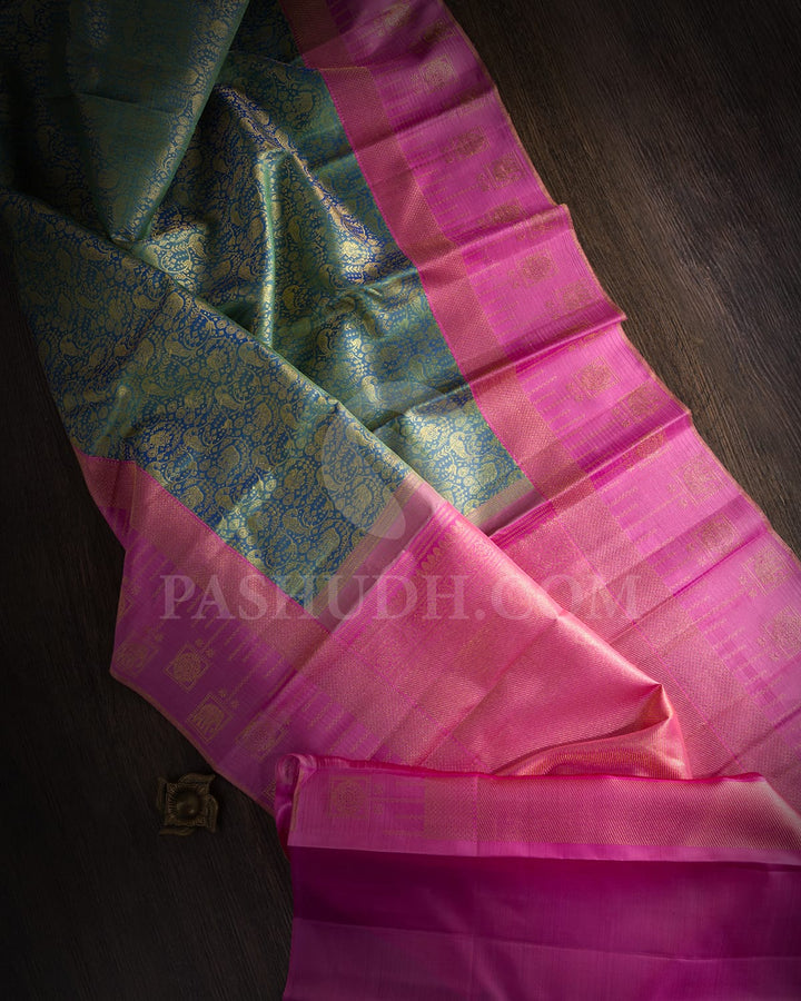 Dual Shaded Blue Green With Rose Pink Kanjivaram Silk Saree-SP381