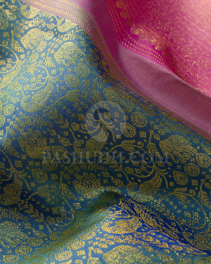 Dual Shaded Blue Green With Rose Pink Kanjivaram Silk Saree-SP381