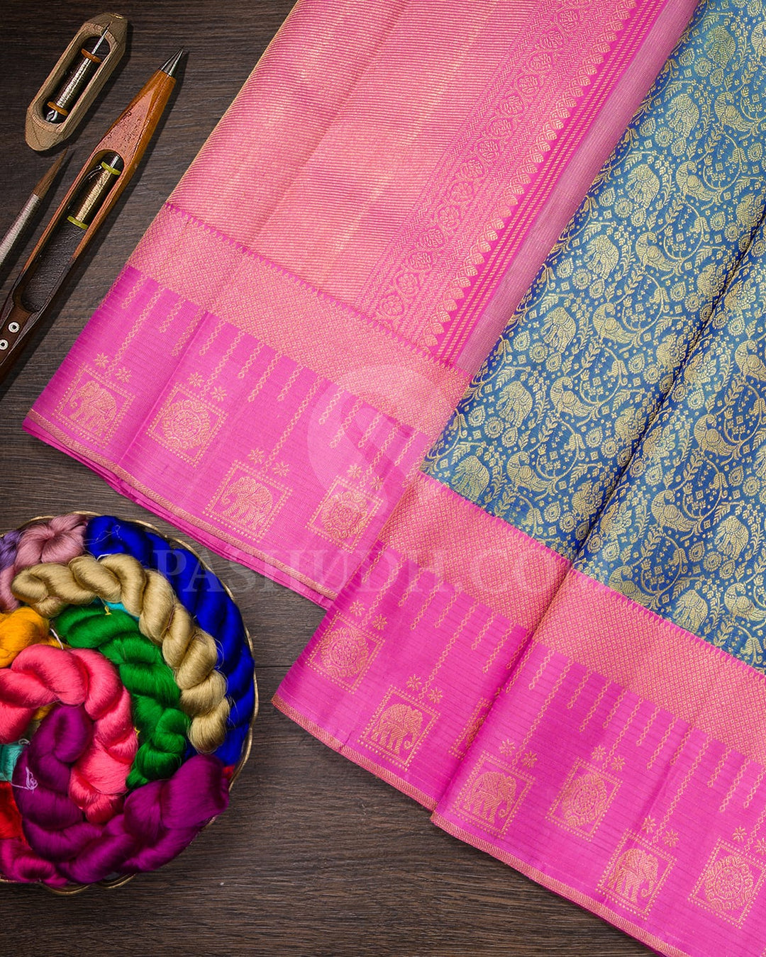 Dual Shaded Blue Green With Rose Pink Kanjivaram Silk Saree-SP381