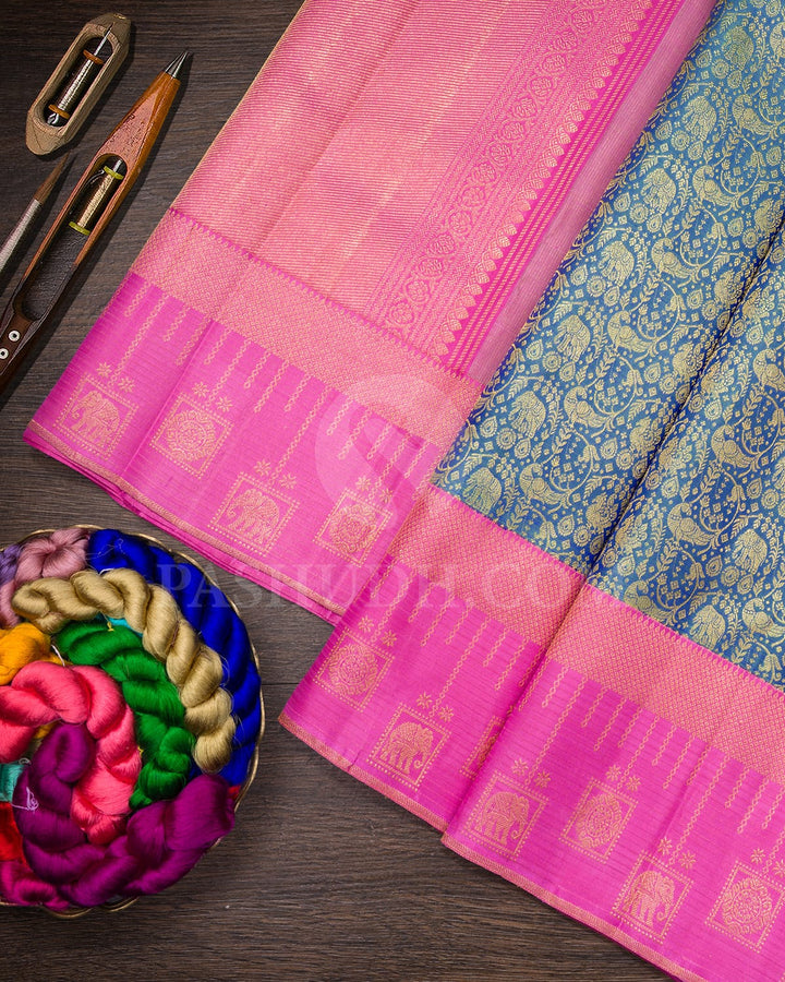 Dual Shaded Blue Green With Rose Pink Kanjivaram Silk Saree-SP381