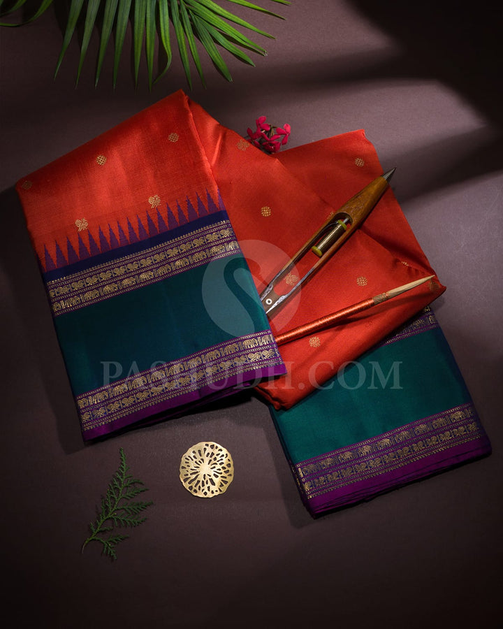 Dark Orange With Navy Blue Pure Zari Kanjivaram Silk Saree-SP376