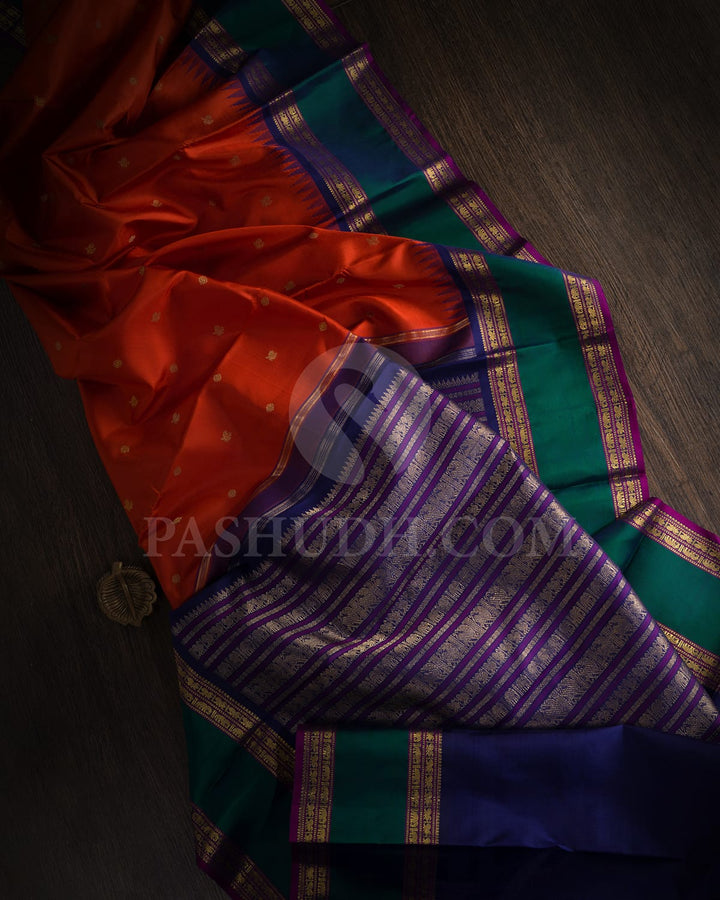 Dark Orange With Navy Blue Pure Zari Kanjivaram Silk Saree-SP376