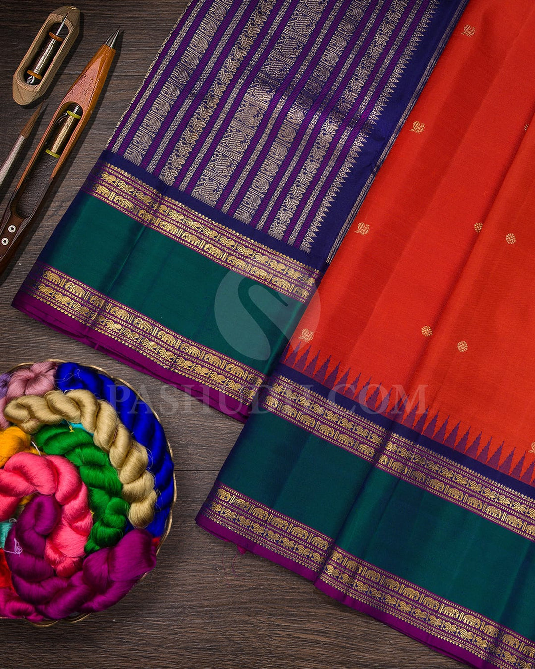 Dark Orange With Navy Blue Pure Zari Kanjivaram Silk Saree-SP376