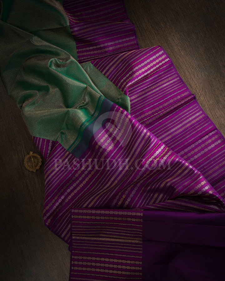 Emerald Green With Purple Kanjivaram Silk Saree-S1591(C)