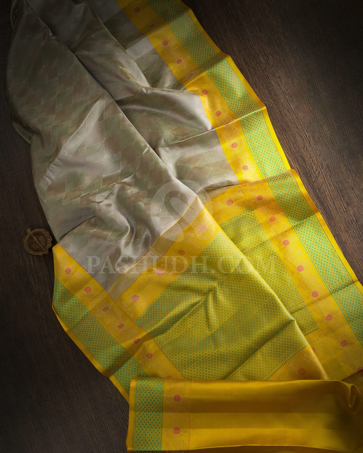 Grey, Sage Green And Tuscany Yellow Kanjivaram Silk Saree-D669(A)