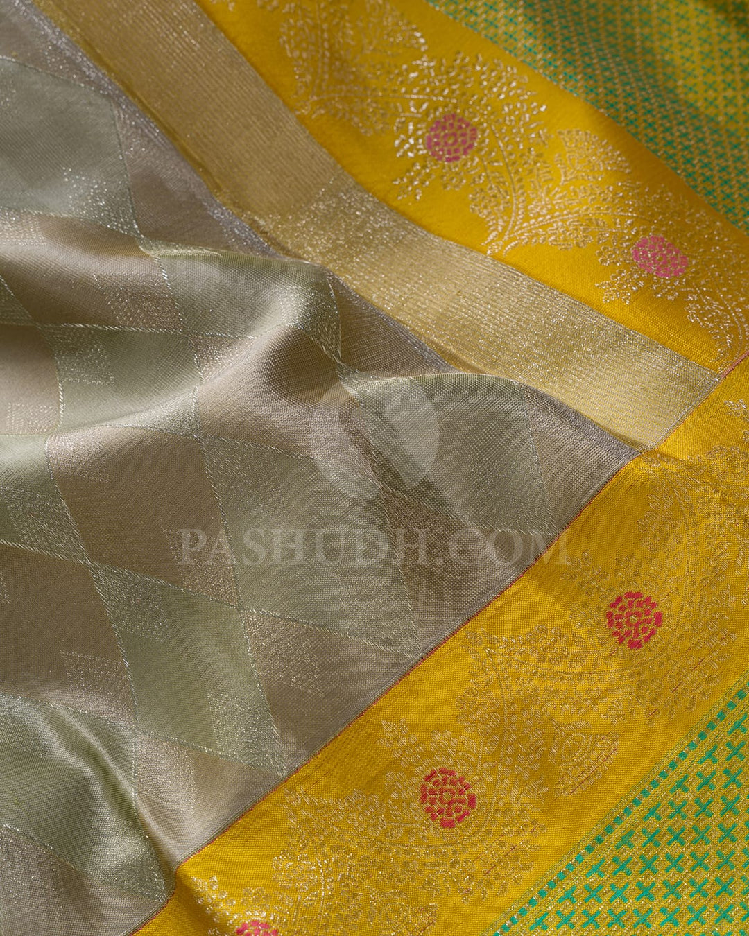 Grey, Sage Green And Tuscany Yellow Kanjivaram Silk Saree-D669(A)