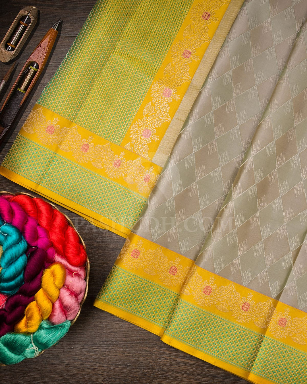 Grey, Sage Green And Tuscany Yellow Kanjivaram Silk Saree-D669(A)