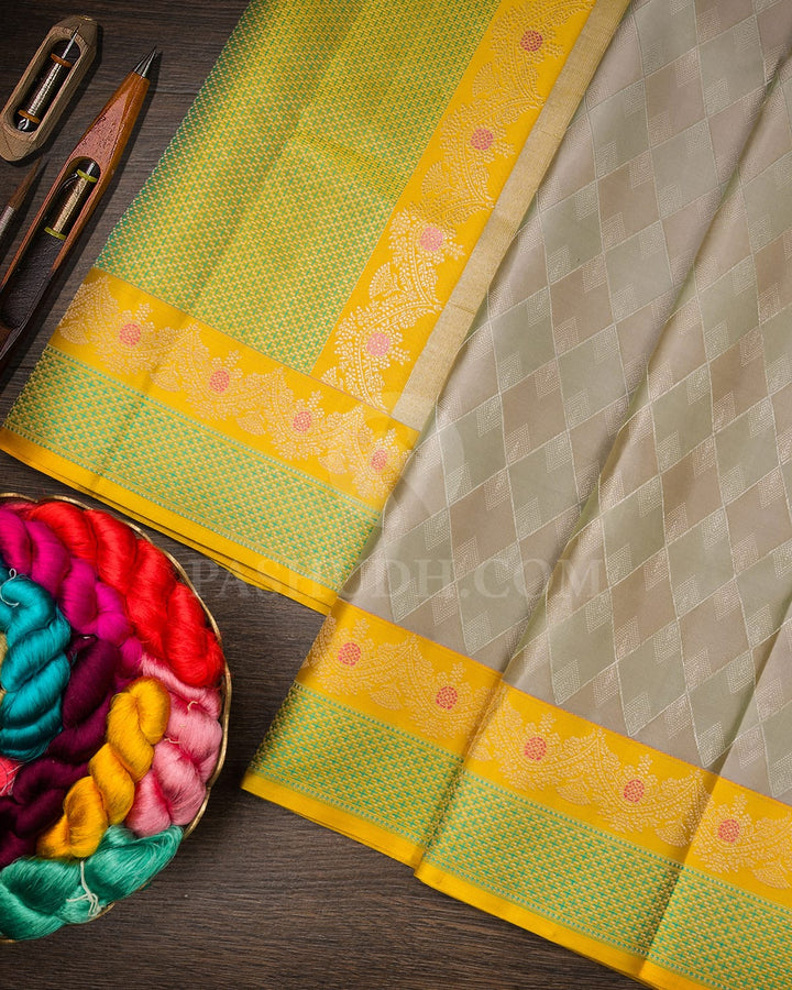Grey, Sage Green And Tuscany Yellow Kanjivaram Silk Saree-D669(A)