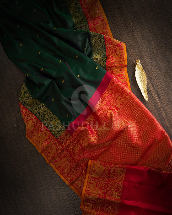 Dark Green With Red Kanjivaram Silk Saree-S1659(A)