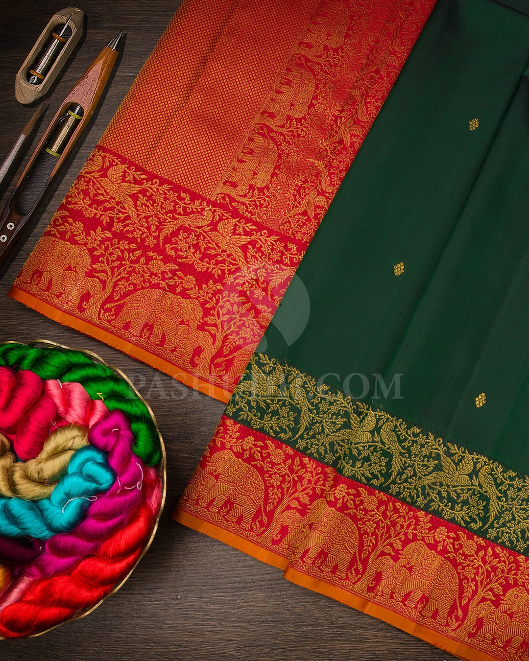 Dark Green With Red Kanjivaram Silk Saree-S1659(A)
