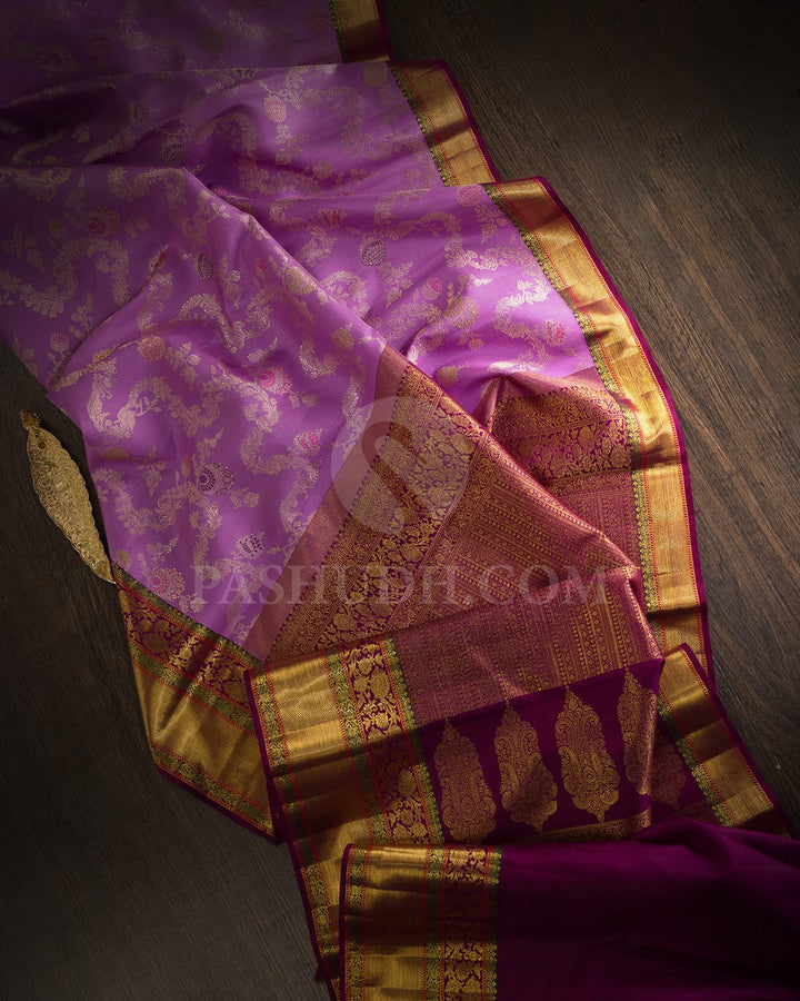 Lavender And Dark Olive Green Kanjivaram Silk Saree-S1650(A)