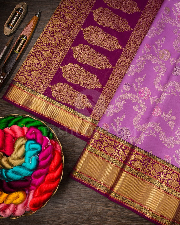 Lavender And Dark Olive Green Kanjivaram Silk Saree-S1650(A)