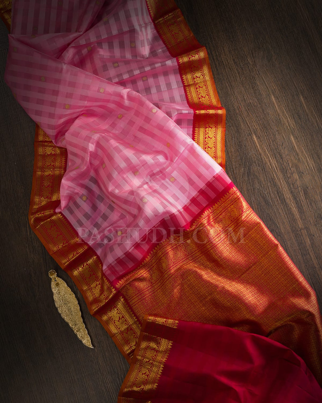 Baby Pink And Red Kora Kanjivaram Silk Saree-S1609(B)