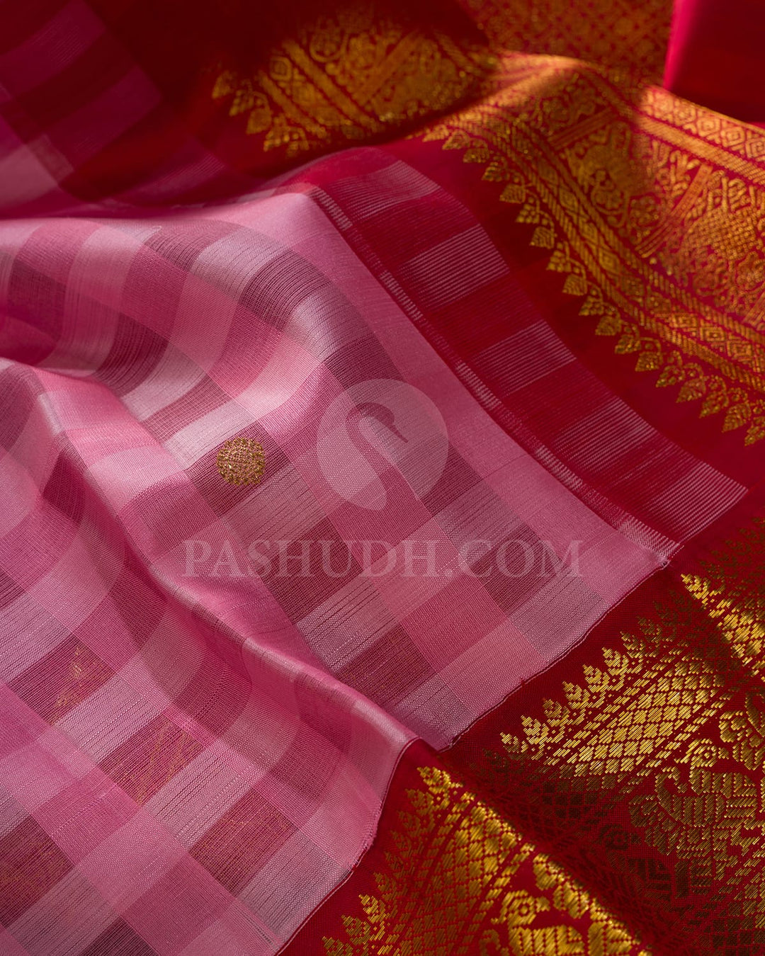 Baby Pink And Red Kora Kanjivaram Silk Saree-S1609(B)