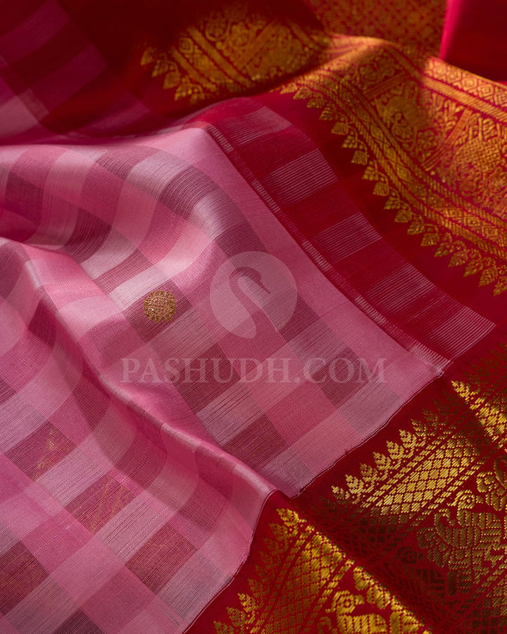 Baby Pink And Red Kora Kanjivaram Silk Saree-S1609(B)
