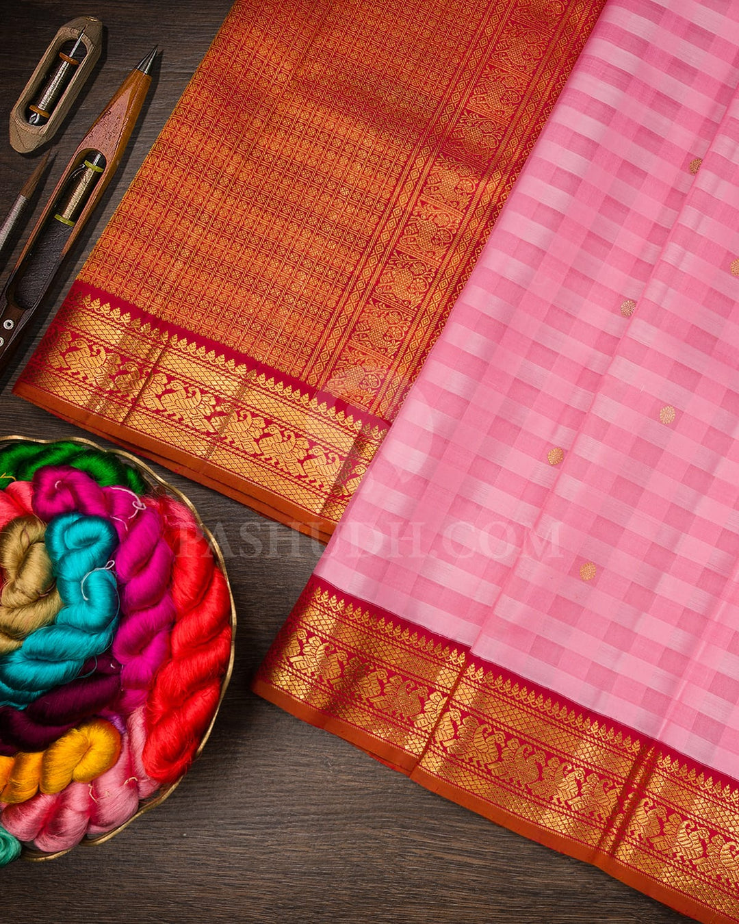 Baby Pink And Red Kora Kanjivaram Silk Saree-S1609(B)