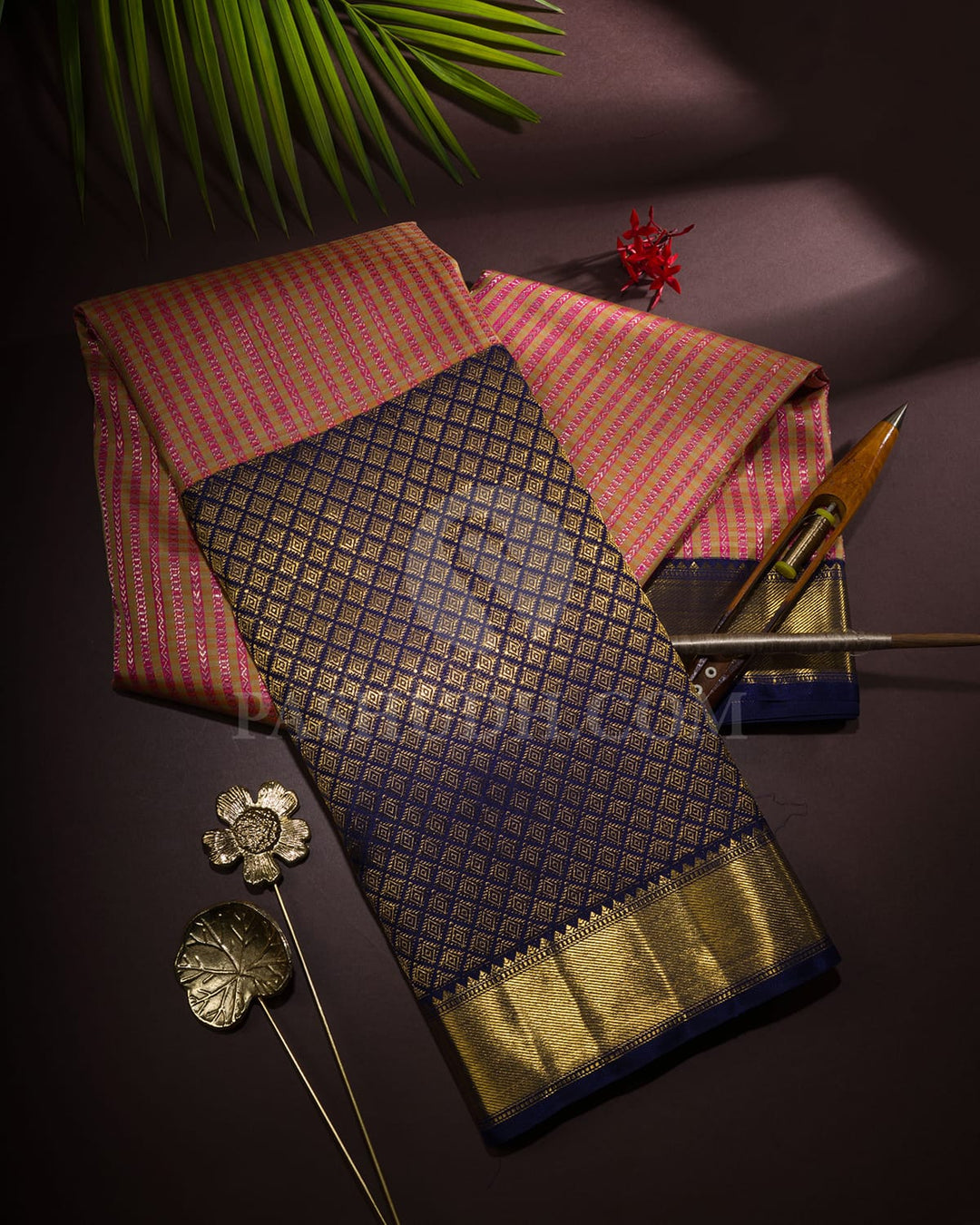 Peach Shot Beige With Navy Blue Kanjivaram Silk Saree-S1624(B)