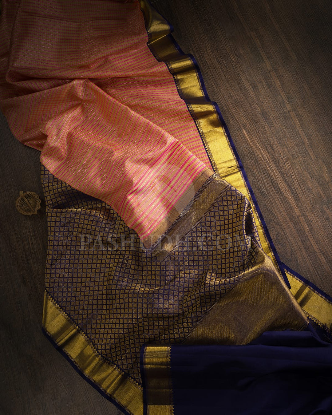Peach Shot Beige With Navy Blue Kanjivaram Silk Saree-S1624(B)