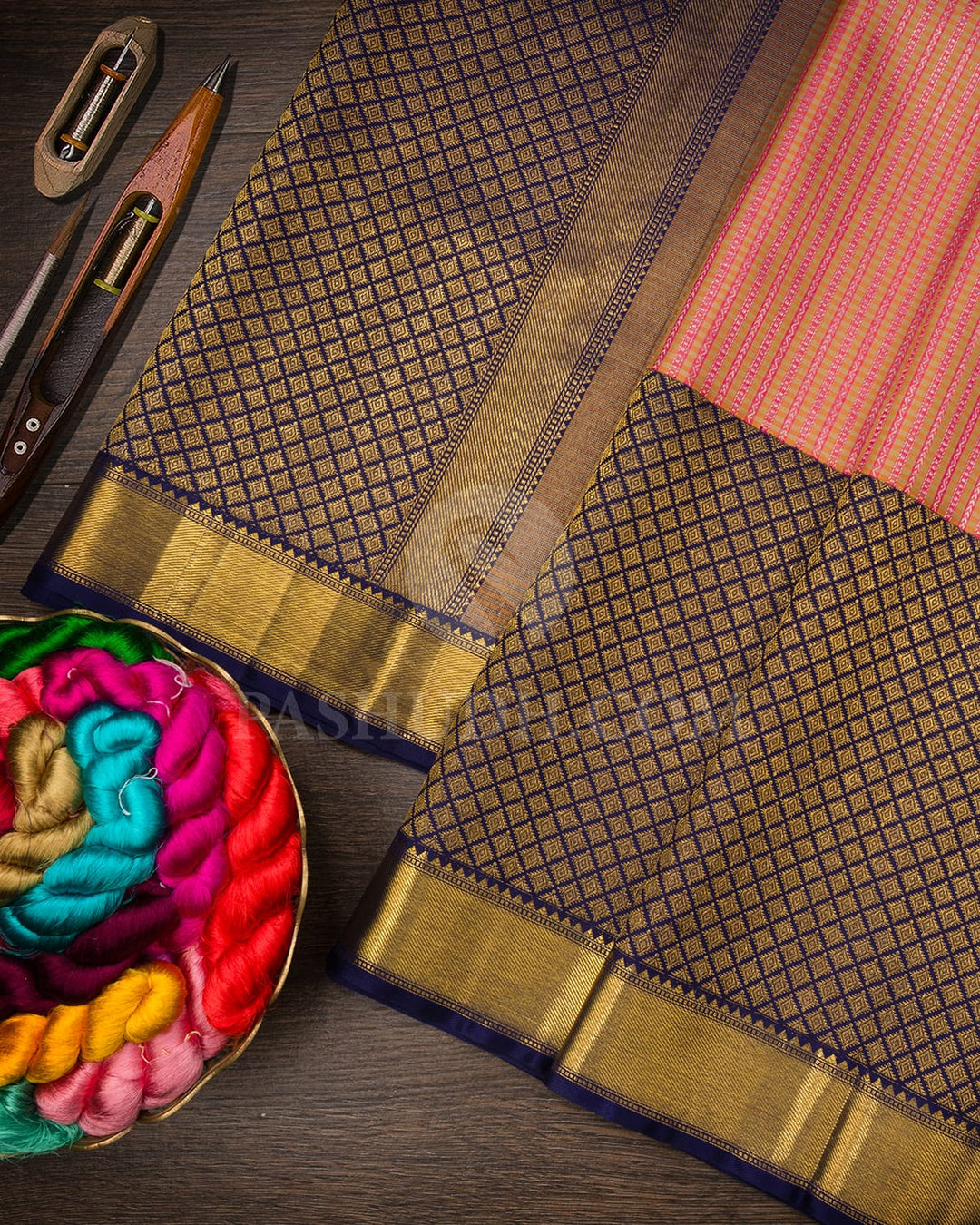 Peach Shot Beige With Navy Blue Kanjivaram Silk Saree-S1624(B)