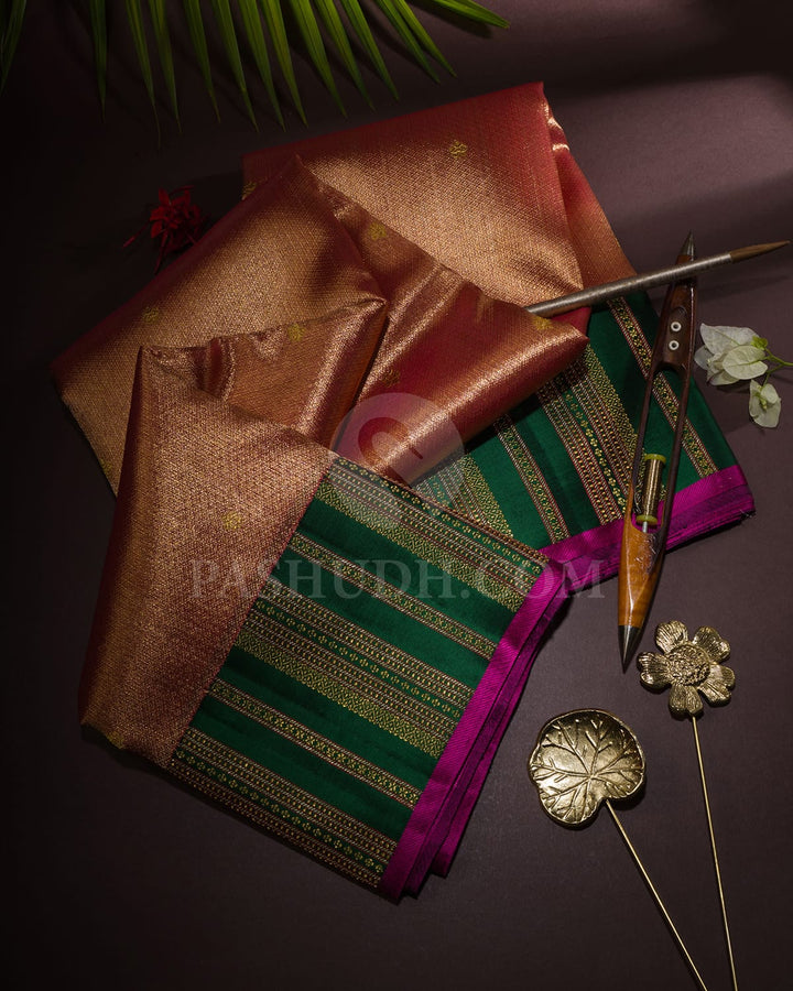 Pink And Bottle Green Organza Shimmer Kanjivaram Silk Saree-S1639(A)