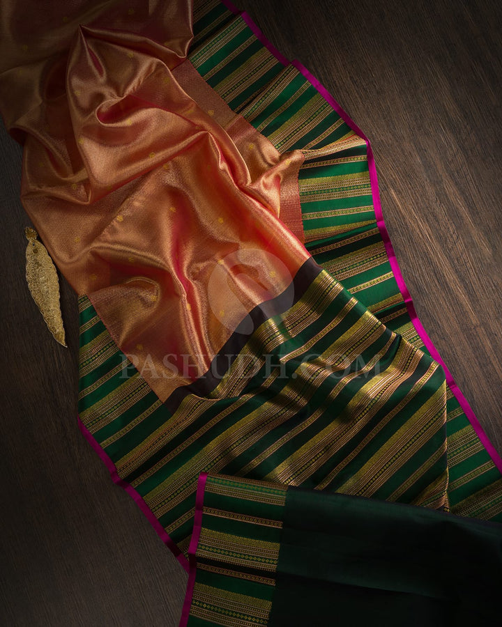 Pink And Bottle Green Organza Shimmer Kanjivaram Silk Saree-S1639(A)